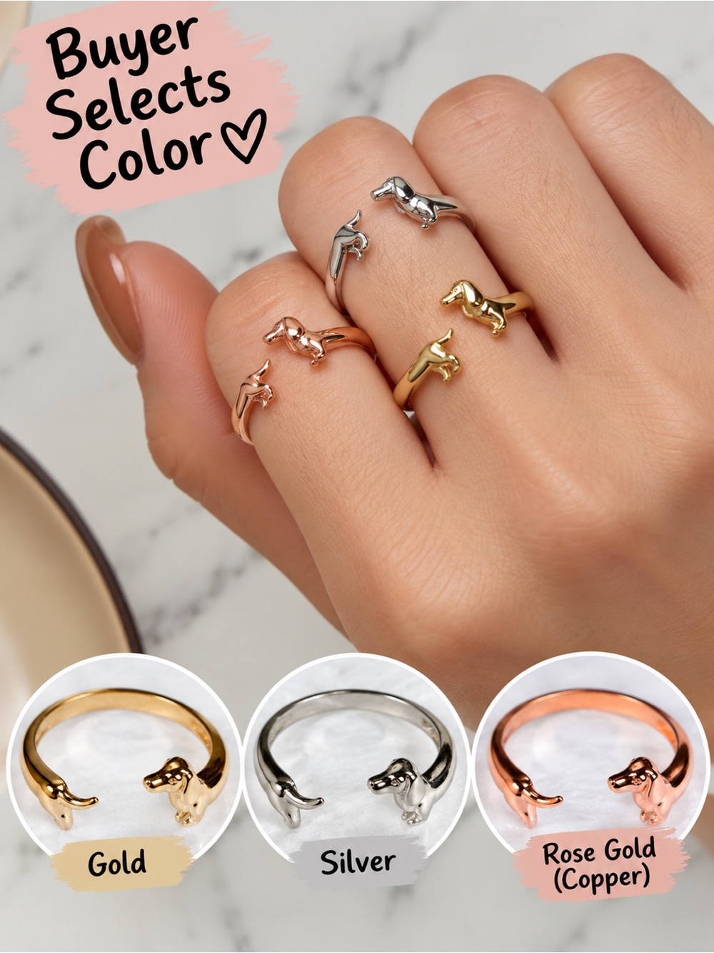 Dachshund Adjustable Wrap Ring - Gold, Silver, or Rose Gold